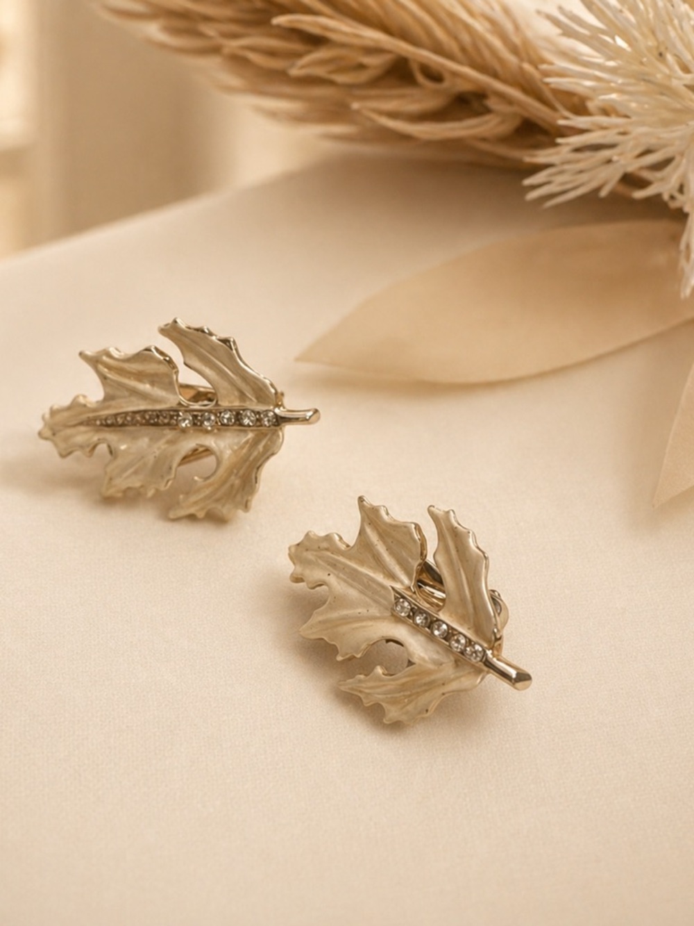 Vintage White Leaf Clip on Earrings Rhinestone